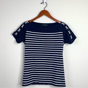 BN2 Lauren Ralph Lauren Breton Blouse Blue Stripe‎ Soft Cotton Stretch Medium